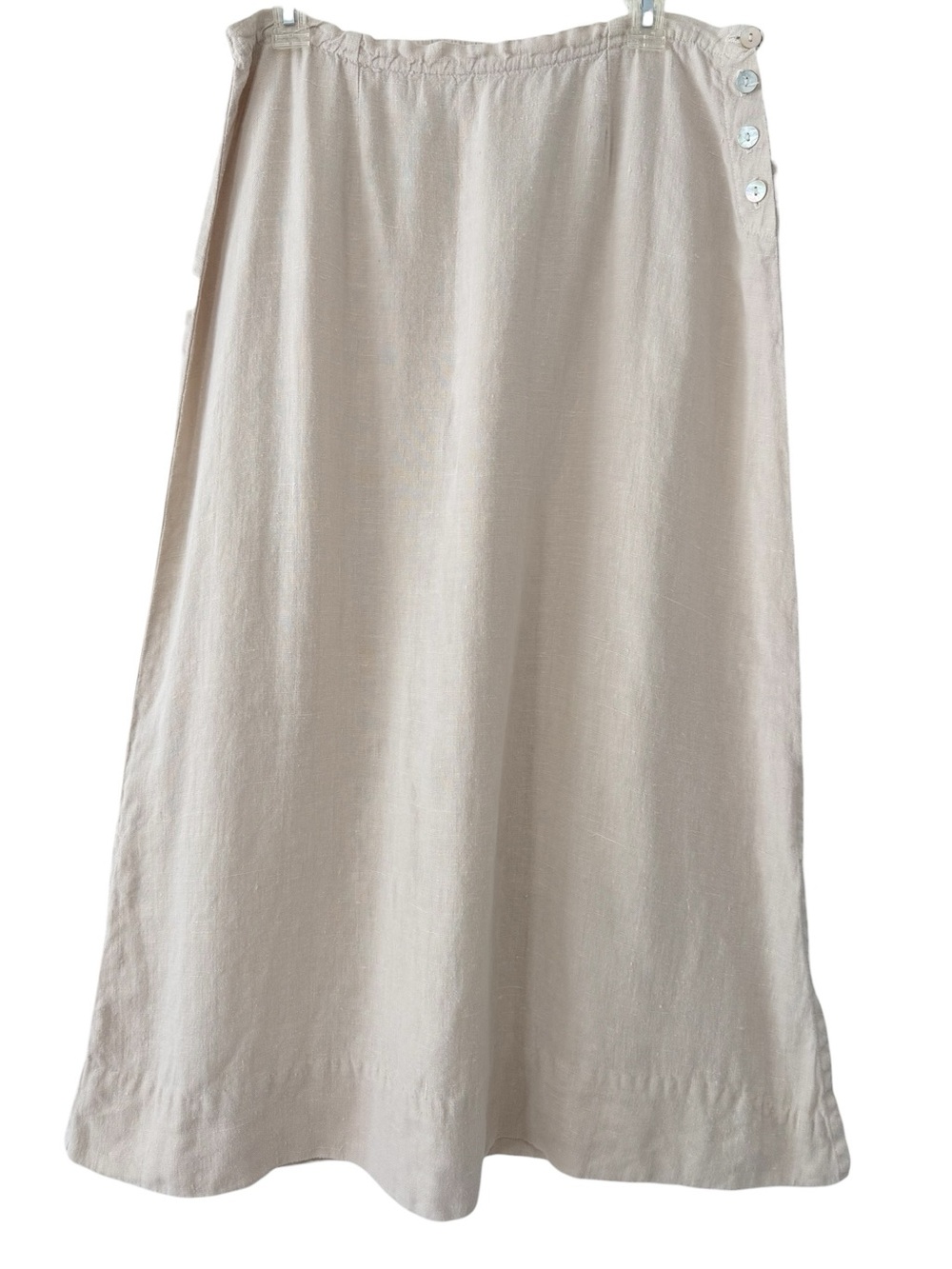 100% Linen Neutral Beige A-Line Maxi Skirt Side Buttons Inner Self Size Large